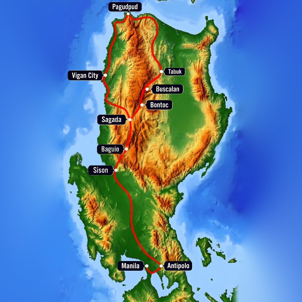 Volledige 3D Routekaart Noord-Luzon van Manilla tot Pagudpud — 14 Dagen en 1.600 km Bike & Hike Expeditie RenegadeTrips